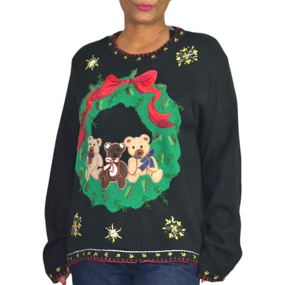 Ugly Christmas Sweater Vintage Teddy Bear Wreath Embroidery Knit Holiday Size XL - Picture 15 of 16